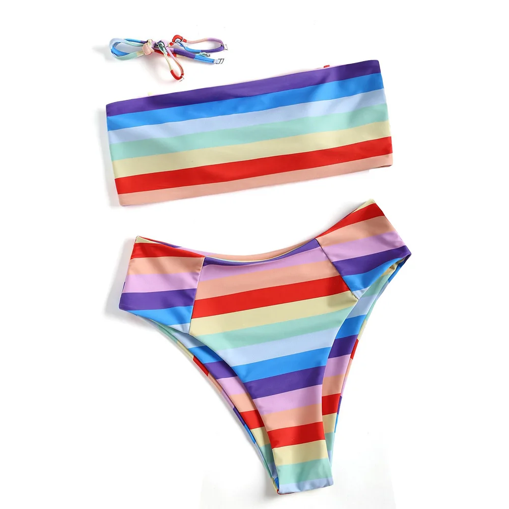 High Waist Swimsuit Sexy Bikinis Off Shoulder Striped Women Swimwear