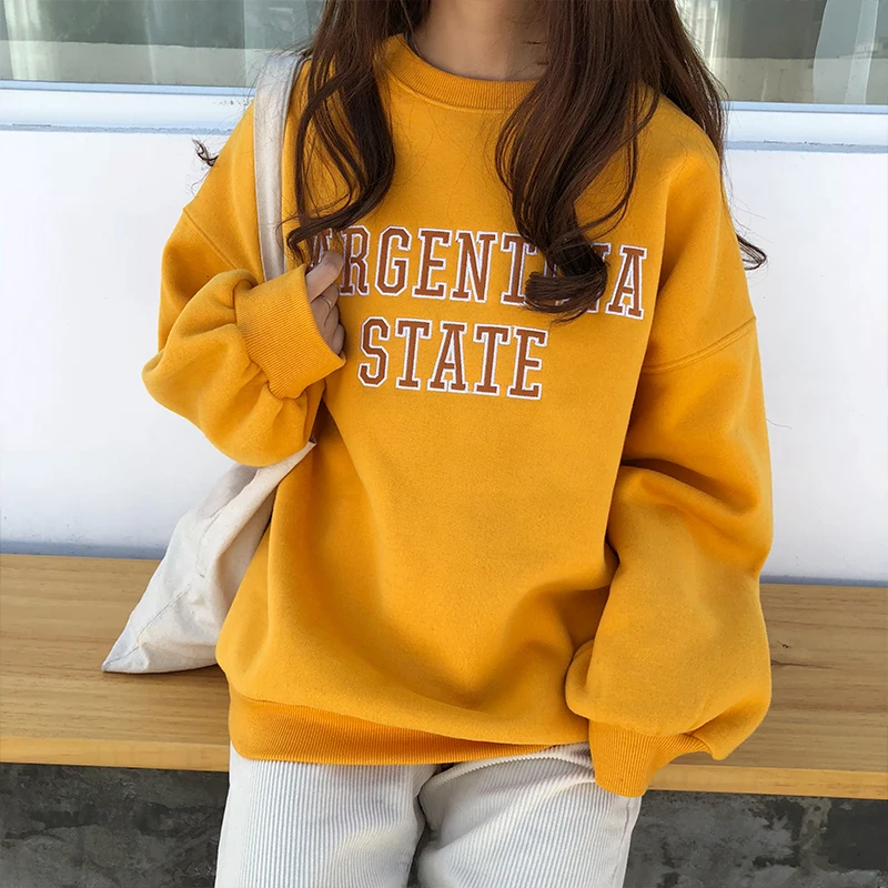 

2019 Women's Korean Harajuku Printed Loose Sweatshirt Female Velvet Ladies Loose Clothes Retro Ulzzang Svitshot For Women