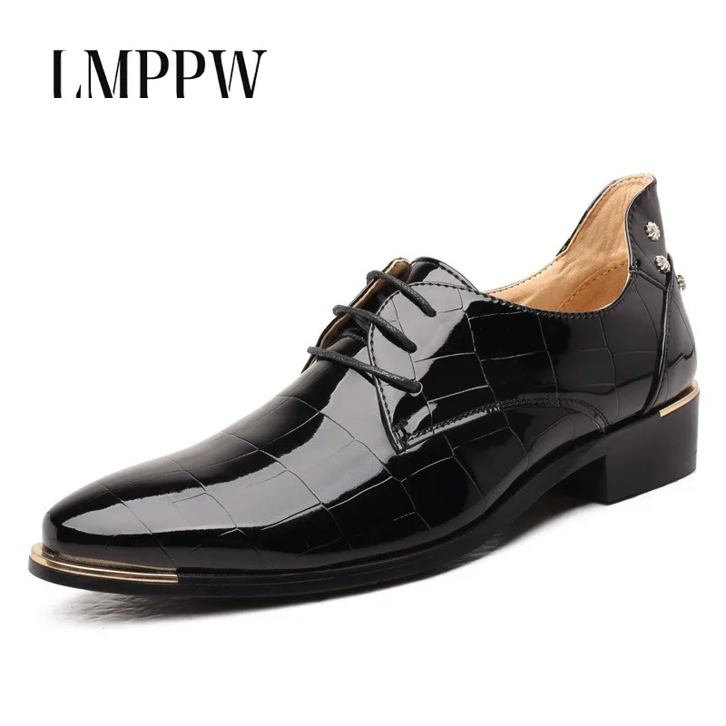 

Black Shiny Patent Leather Men Shoes Leather Casual Oxford Shoes Pointed Lace Up Business Wedding Shoes Men Flats Soft Moccasin