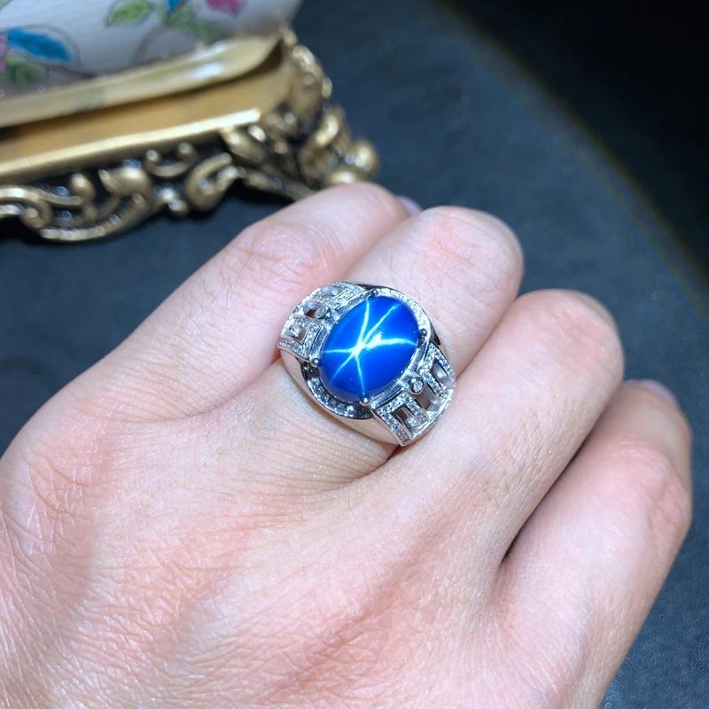 classic shiny blue Star Sapphire gemstone ring silver fine jewelry muscular power ring birthday gift men ring attractive classic shiny blue Star Sapphire gemstone ring silver fine jewelry muscular power ring birthday gift men ring attractive