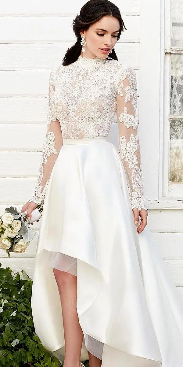 high low long sleeve wedding dress