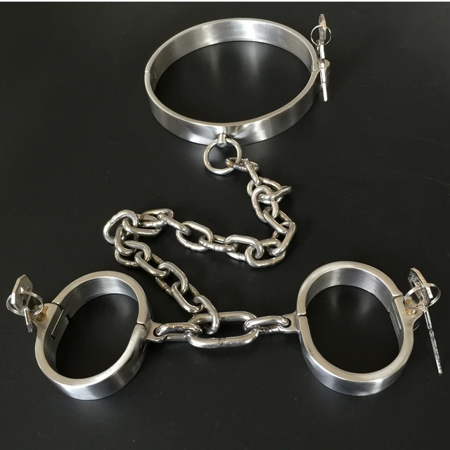 304 Stainless Steel Lockable Neck Collar Handcuffs With Chain Hand Free Download Nude Photo 