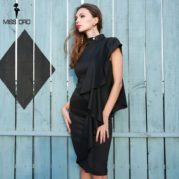 

Missord 2019 Sexy Women O Neck Off Shoulder Fold Solid Color Split Personality Party Dress FT8572-1