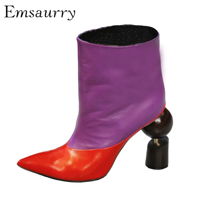 

Genuine Leather Catwalk Ankle Boots Women Individual Building Block Heel Point Toe Slim Autumn Short Booties
