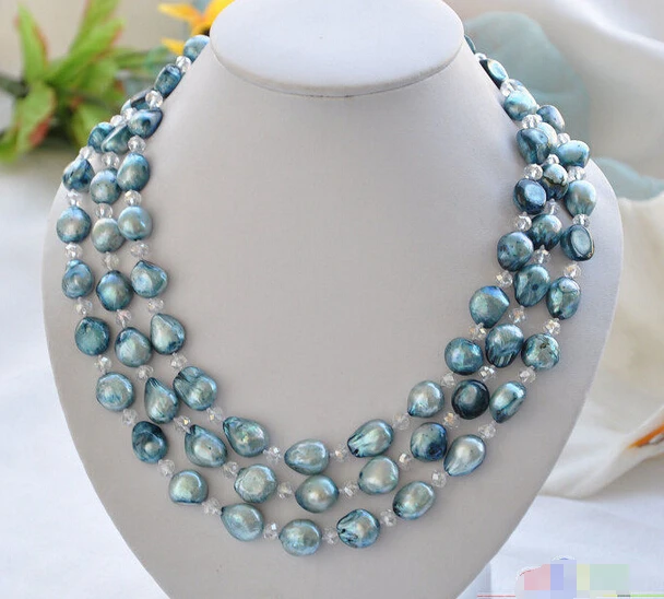 

HOT## Wholesale FREE SHIPPING P4126 3row 20" 14mm blue baroque pearl faceted crystal necklace