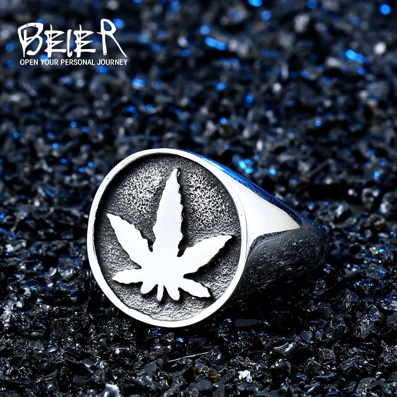 

Beier new store 316 Stainless Steel Religious Maple Leaf Ring For Men ring Weed Signet Ring men ring WR8-606