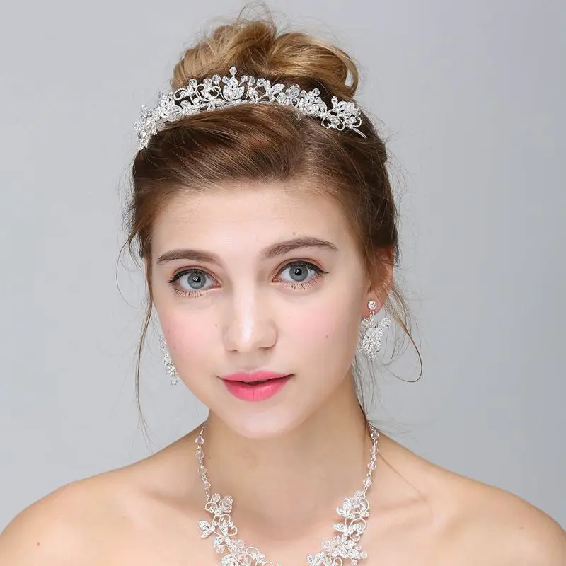 Silver Flower Tiaras Crown Necklace Earrings Bridal Jewelry Sets