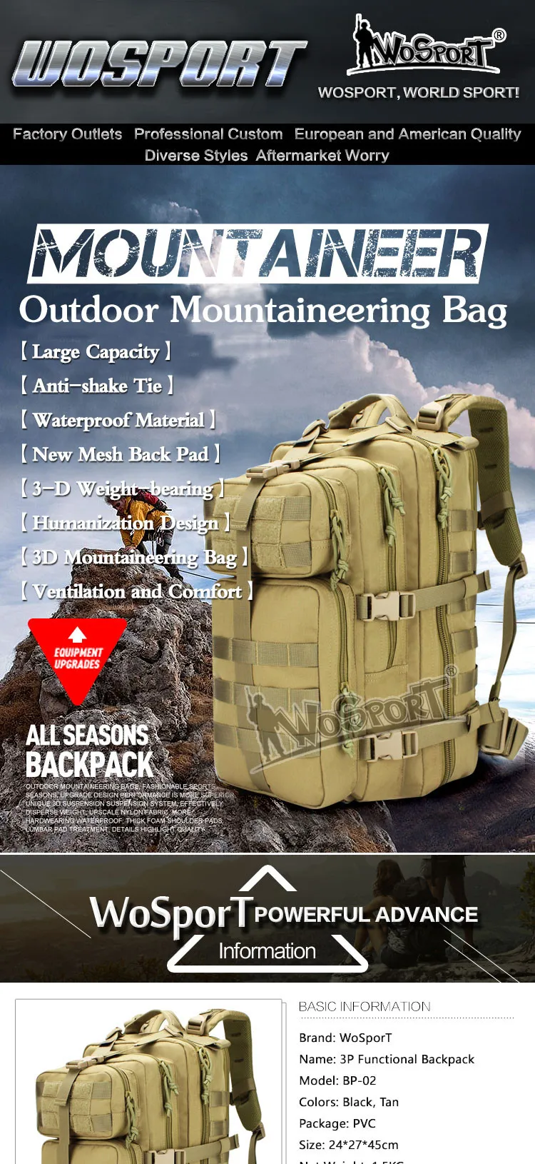 WoSporT уличный походный рюкзак для альпинизма походный охотничий 3 P Тактический нейлоновый рюкзак прочный большая вместительность
