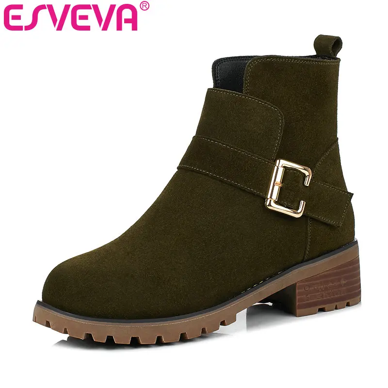 

ESVEVA 2018 New Autumn Spring Shoes Ladies Western Buckle Strap Women Boots Cow Suede Square Heel Ankle BootsBlack Size 34-40