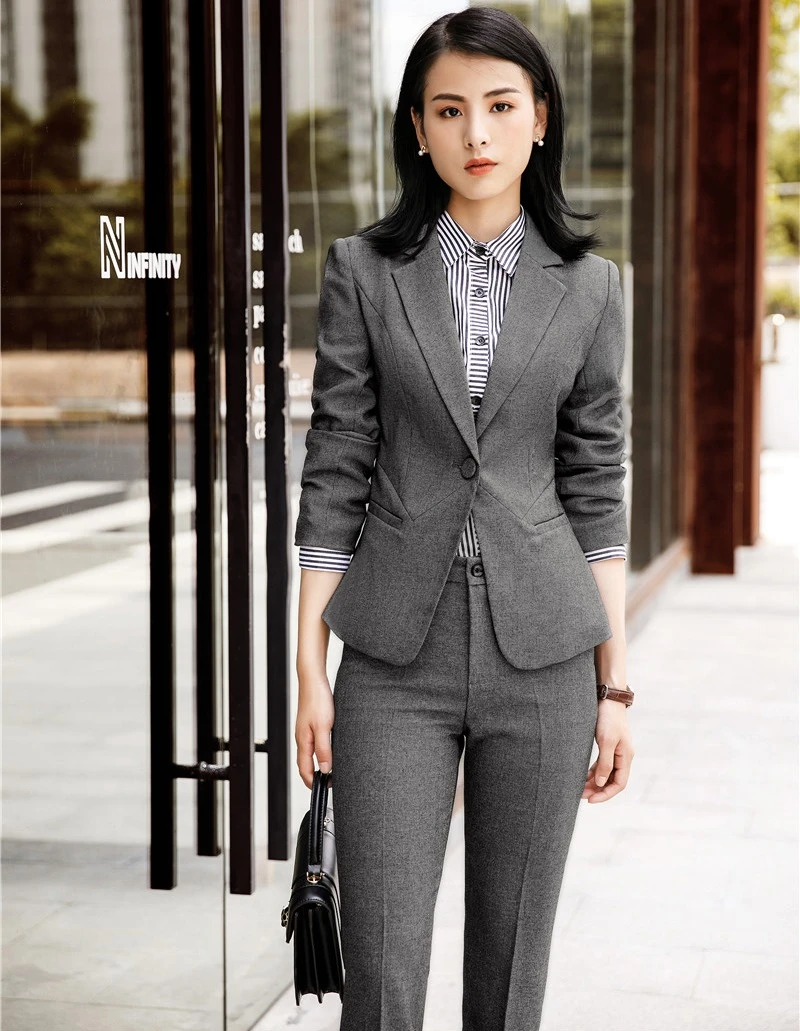 秋冬エレガントなグレー正式なプロパンツスーツジャケットとパンツ女性ビジネスブレザーパンツスーツolスタイル Pant Suits Aliexpress