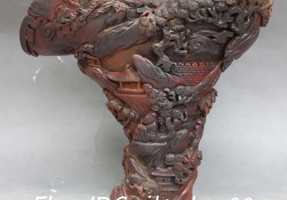 

10" Rare Chinese Ox Horn Carving Pine Tree House Old Man Drinking Cup Wineglass