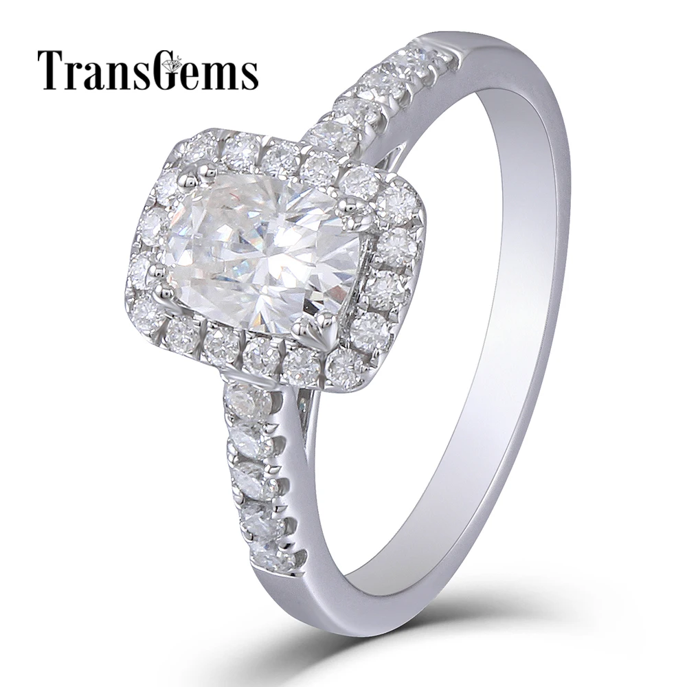 

Transgems Halo Cushion Cut Moissanite Solid Gold Engagement Ring Center 1ct 5X7mm GH Color 14K 585 White Gold Wedding Ring