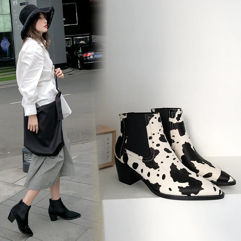 

women Ankle boots Leather ankle boots plus size 22-26.5 cm length Horse hair + snake skin Stitching high heel women's shoes 7cm