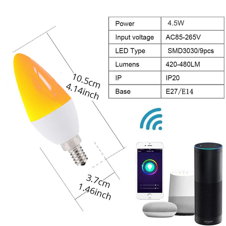 Boaz-EC Smart Wifi E14 светильник-свеча, лампа с дистанционным управлением, умный светильник с регулируемой яркостью Alexa Echo Google Home IFTTT Tuya Smart