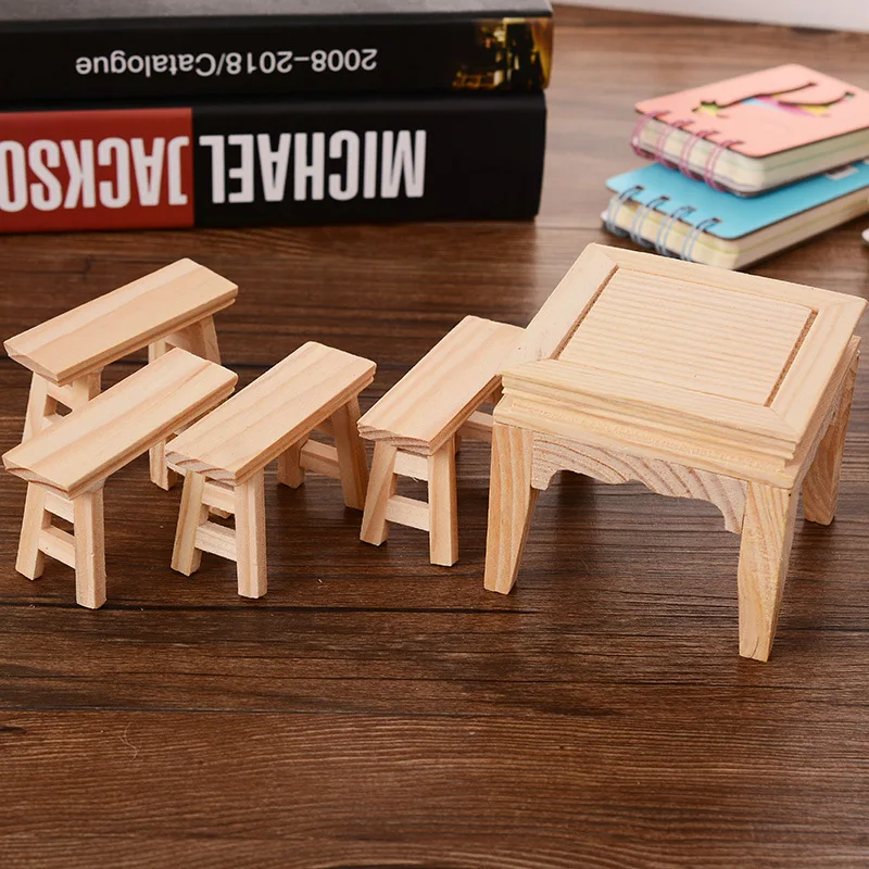 1set Antique Retro Household Furniture Model Wood Figurine diy 85*76mm Desk&Chair Home Decoration Craft Kid Gift Wood miniaturas