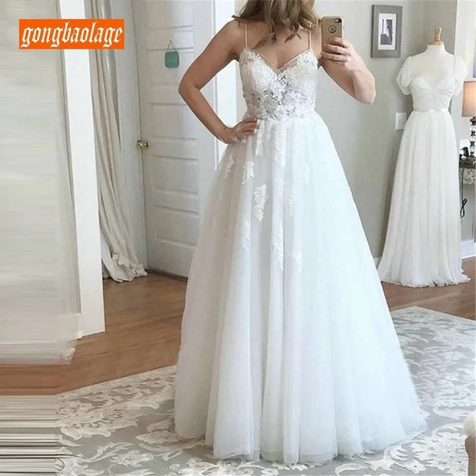

Sumptuous White Appliques Wedding Gown 2019 Sweetheart Spaghetti Strap Beige Wedding Dress A Line Soft Tulle Ivory Bride Dresses