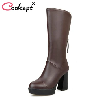 

Coolcept New High Heels Women Boots Thick Heels Mid Calf Boots Platform Women Shoes Office Ladies Winter Boots Size 34-39
