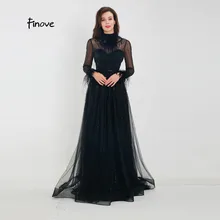 Finove вечернее платье Новое поступление великолепное черное ТРАПЕЦИЕВИДНОЕ ПЛАТЬЕ с длинными рукавами с перьями на шее длина до пола Торжественное платье