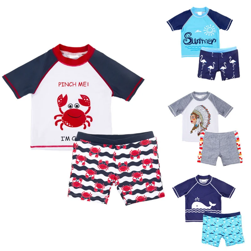 

98-140CM 2019 Baby BOY Swimsuit Cute Cartoon Bathing Kids Boy Surfing Cloth with Round Neck 3Piece Suit Swimwear Printed Beach