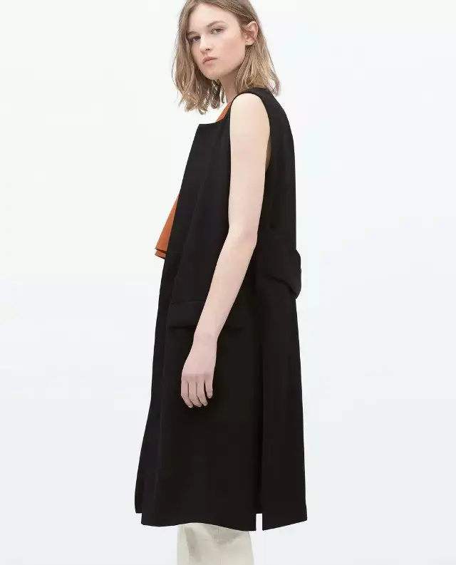 2015 Autumn New Women Fashion Side Slit Long Black Vest