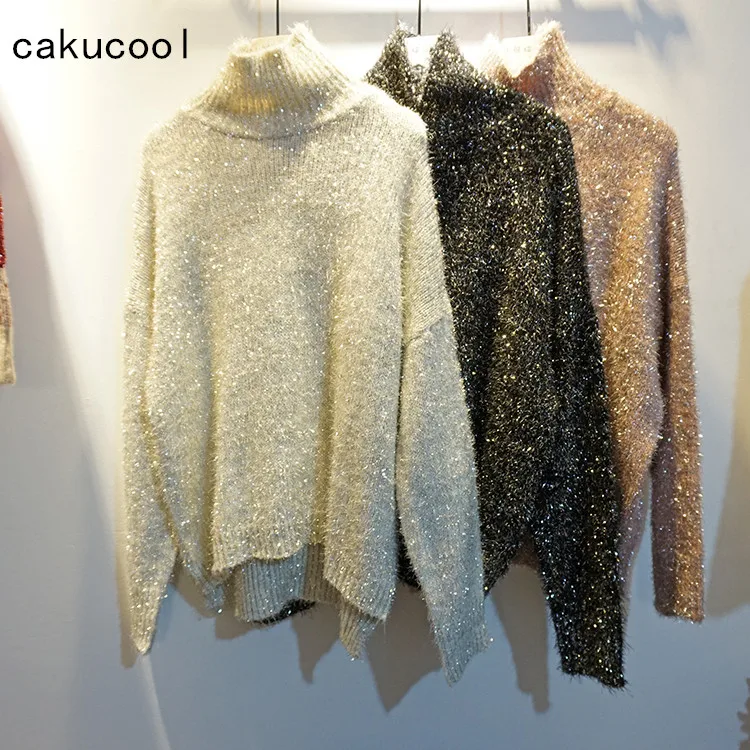 

Cakucool New Women Gold lurex Shiny Sweater Turtleneck Autumn Winter Jumpers Silver Bling Loose Korea Knit Pullover Sweater Lady