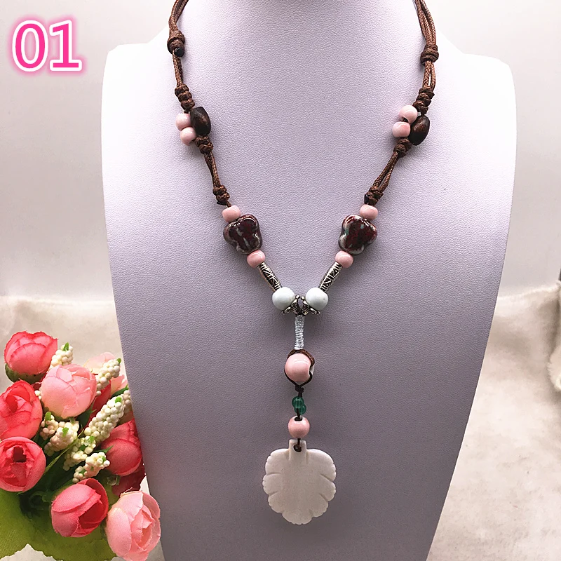 

Fashion Ethnic Jewelry Traditional Handmade Ornaments Weave Wax Rope Ceramics Necklace Ceramics Beads Pendant Long Necklace#01