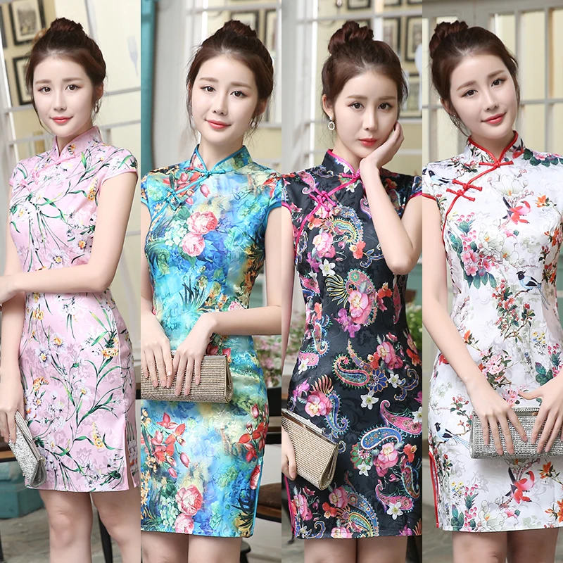 New Satin Women's Traditional Chinese Cheongsam Dresses Vestido Printing Stand Collar Short Sleeve Silk Plus Size 4XL (2)