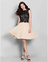 Cheap Bridesmaid Dress 2016 New Arrival Champagne A-line Bateau Knee-length Chiffon / Lace Wedding Party Dress