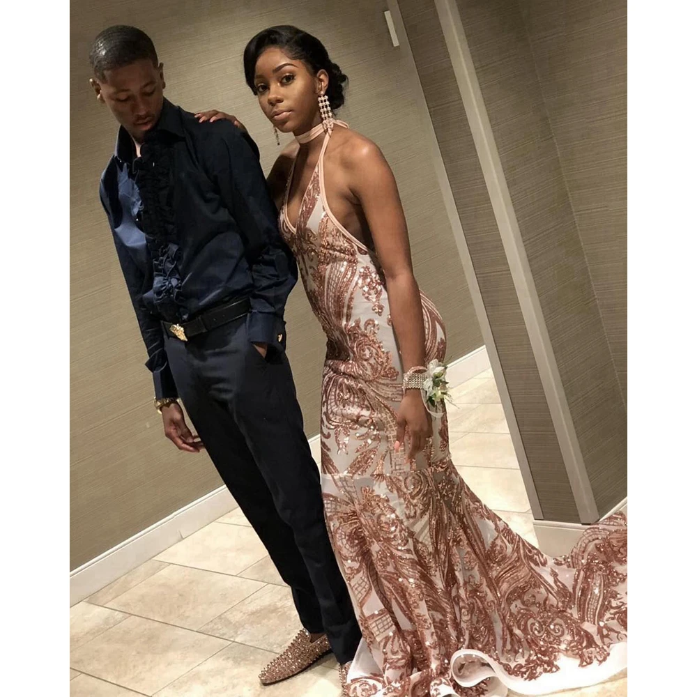 

2019 Sequins Black Girls Mermaid Prom Dresses Long Rose Sequined Halter Sweep Train Backless African Evening Gowns DP0516
