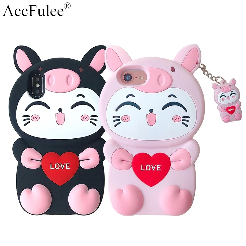 

New 3D Cartoon Cat Soft silicone Phone Case For Huawei Y7 Prime 2018 Y6 2019 Y9 2019 Pig Case With Love Heart Pendant