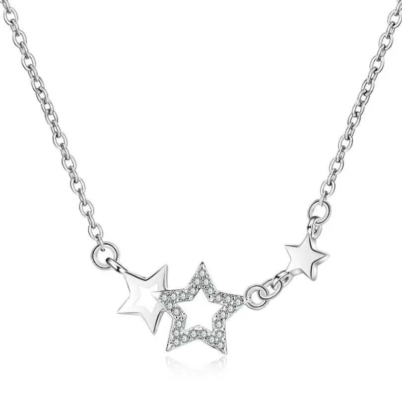 

New Hot Geometric Three Stars Zircon Pendant Necklaces For Women Short Clavicle Chain Choker 925 Sterling Silver Jewelry SAN22