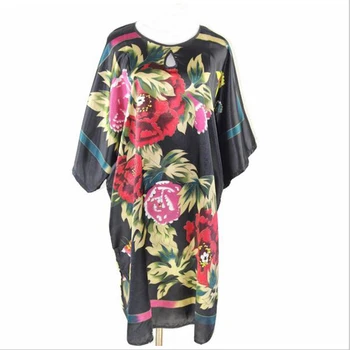 

Black Female Faux Silk Bathrobe Summer Print Flower Kaftan Loose Robe Dress Gown Women's Sexy Nightgown 030705