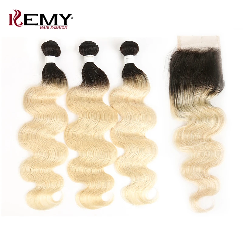 

Ombre Blonde Bundles With Closure 4*4 KEMY HAIR Brazilian Body Wave Human Hair Weaving Non Remy Hair Weave Bundles 3 PCS