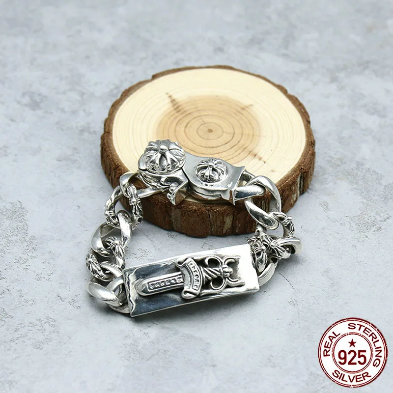 

100% S925 Sterling Silver Bracelet Personality Fashion Style Punk Style Domineering Cross Sacred Sword Shape Gift for Lover