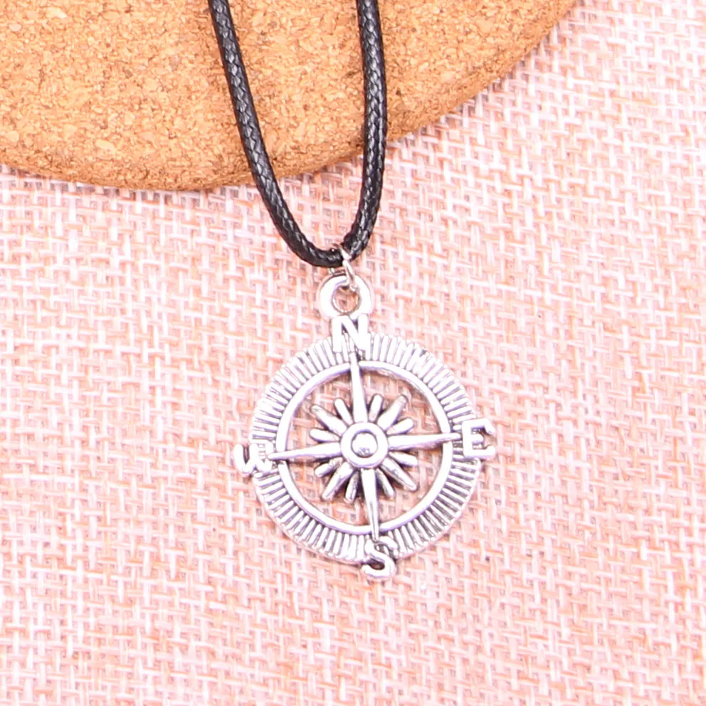 

20Pcs Antique Silver Color compass Pendant 24mm Leather Chain Necklace Black Leather Cord Necklace