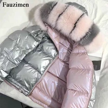 Новинка, Женское зимнее пальто, большой Лисий мех, с капюшоном, 90% утиный пух, куртка-бомбер, ветровка, женские куртки, одежда, парка