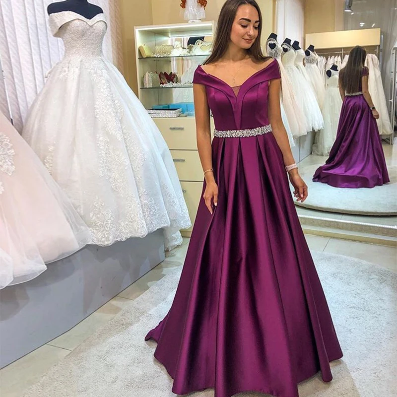 

Custom Made Sexy V-Neck Beads Sash Purple Evening Dresses 2019 Satin Cap Sleeve Formal Prom Party Gown