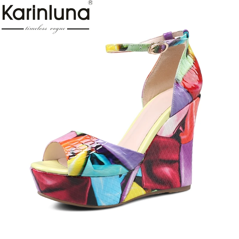 

KarinLuna 2018 Printing Genuine Leather Summer Platform Sandals Shoes Women Wedge High Heels Party Woman Shoes