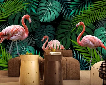 

beibehang Custom Fashion Premium Silk Cloth Hand Painted Tropical Rainforest Flamingo Wallpaper 3d Background Mural volume