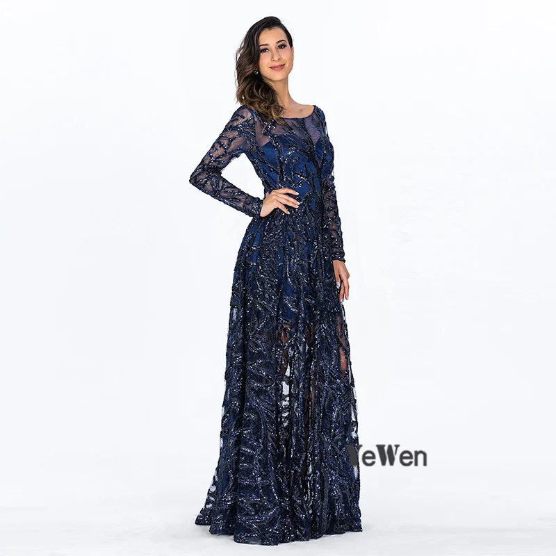 Royal Blue O-Neck Lace Dubai Evening Dresses Long Sleeves Sequin Luxury Party Prom Gown Floor-Length robe de soiree YW100156