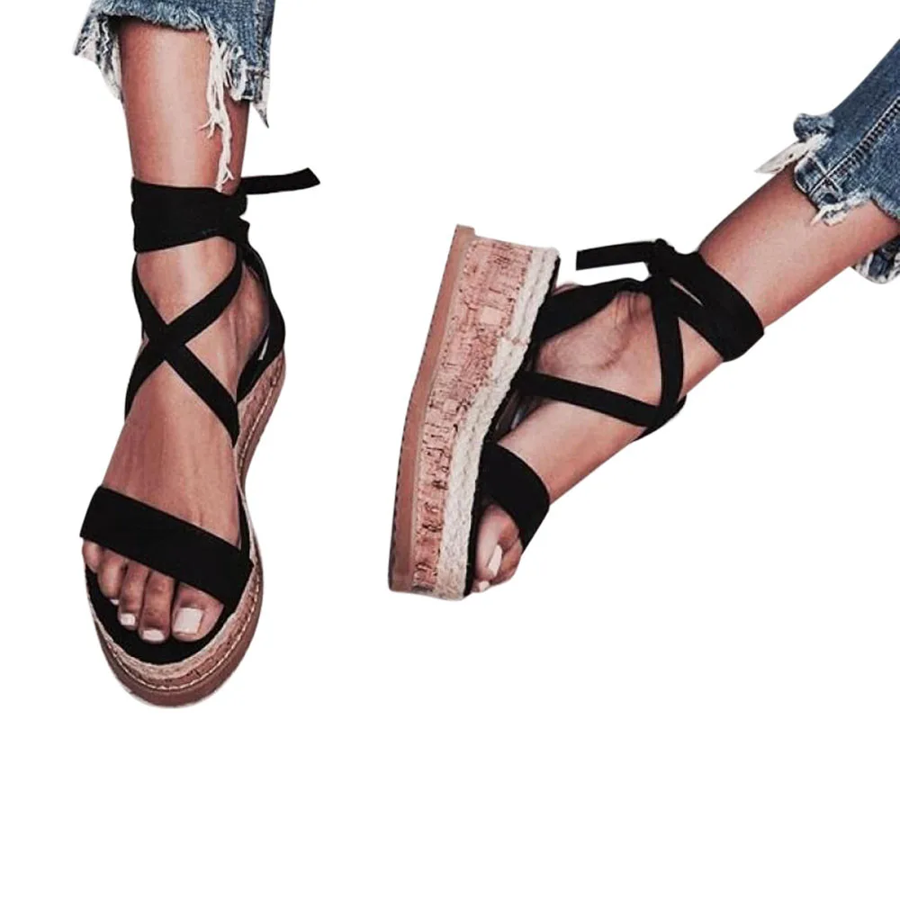

2019 MUQGEW Ladies Women Roman Shoes High Platform Woven Thick-Bottom Waterproof Wedge Sandals