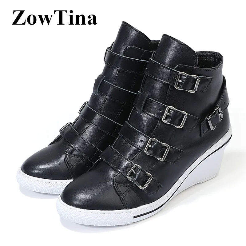 

Black Leather Women Ankle Boots Gladiator Buckle Wedge Bootie Fashion Short Bota Feminino Ladies Shoes Botines Mujer Casual Pump