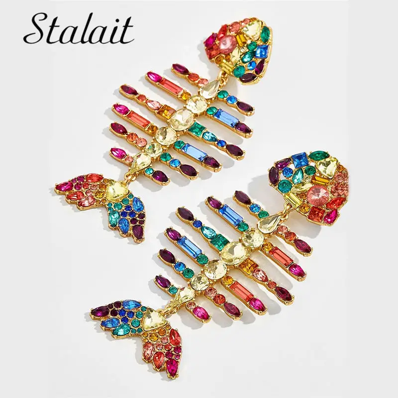 

Boho Fish Bone Full Rhinestone Drop Earrings For Women Charm Multi Color Crystal Earrings for Party Jewelry