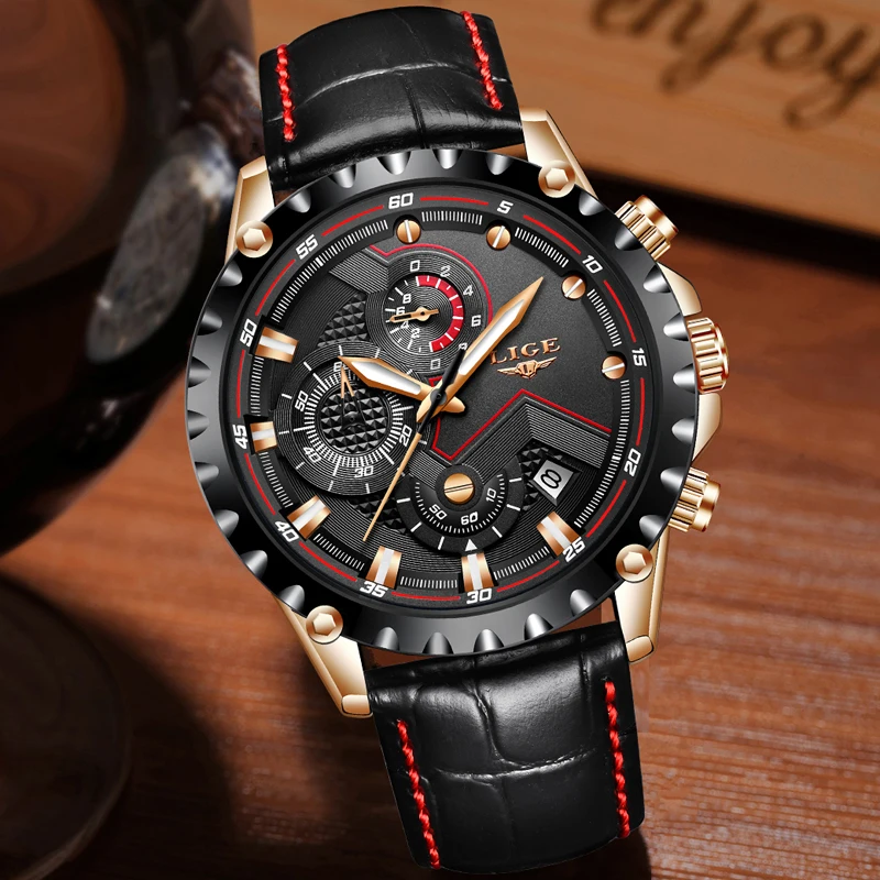 

LIGE Watch Men Brand Luxury Leather Military Watches Men Chronograph Quartz Business Watch Gold Sports Watches Relogio Masculino