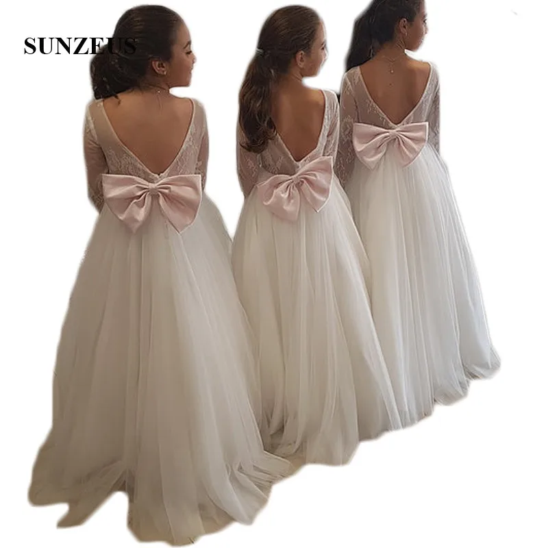 Backless A Line Wedding Party Dress for Little Girls Lace Long Sleeve