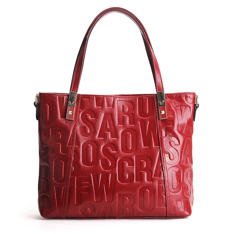 

2019 Paste Brand Designer Letters Embossed Genuine Leather Women's Handbag Cowhide Leather Large Female Tote Bag Shoulder bag