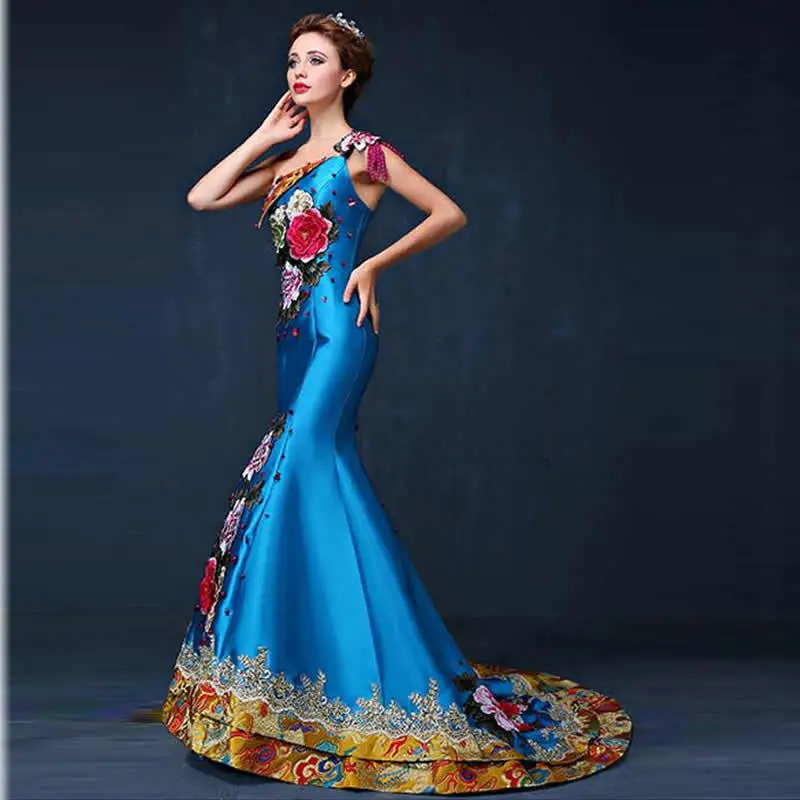 Blue Long Mermaid Evening Dress Embroidery Bride Wedding Cheongsam Chinese Party Dresses Robe Chinoise Trailing Princess | Тематическая