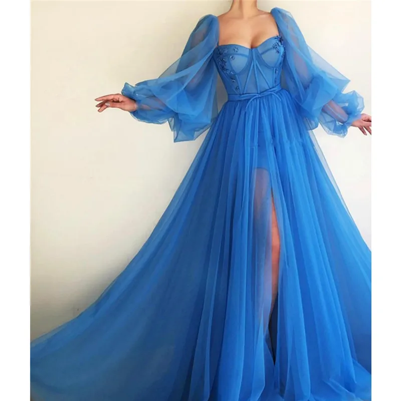 2019 Blue Dubai Evening Dresses Long Sexy Slit V-Neck Beaded Tulle Formal Dress for Evening Party robe de soiree 2019 Blue Dubai Evening Dresses Long Sexy Slit V-Neck Beaded Tulle Formal Dress for Evening Party robe de soiree