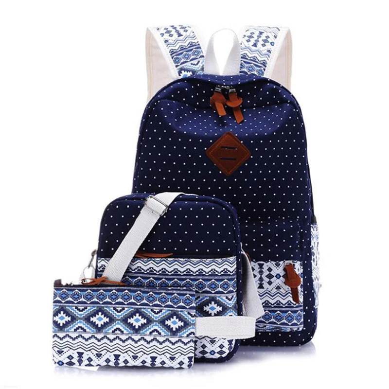 

Canvas Printing School Bags For Teenage Girls 3 Pieces / Set Cute Black Set Travel Backpacks Female Bagpack T608