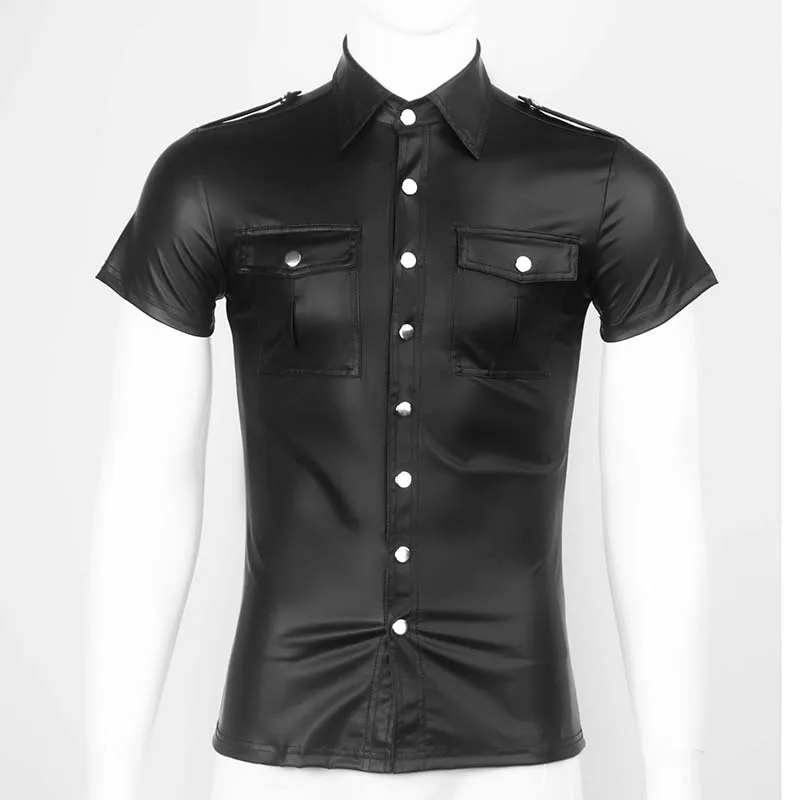 AIIOU Сексуальная черная рубашка из искусственной кожи с мокром эффектом, эластичная майка из латекса, новинка, Униформа с короткими рукавами, Клубная одежда, сценический костюм